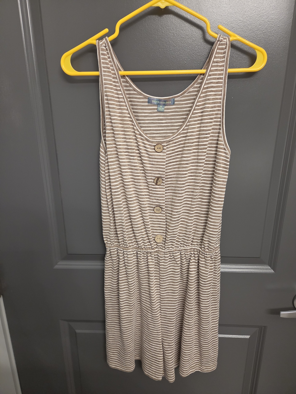 Good Luck Gem Taupe & White Striped Button-Front Romper